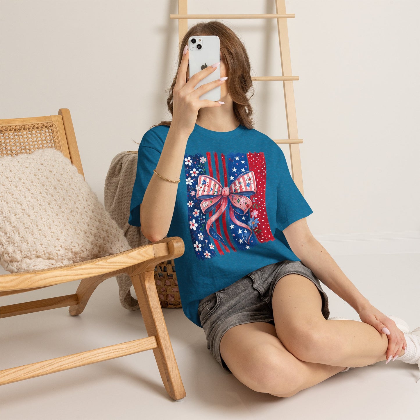 Patriotic Bow T-Shirt — American Flag Ribbon Floral Fourth of July Tee