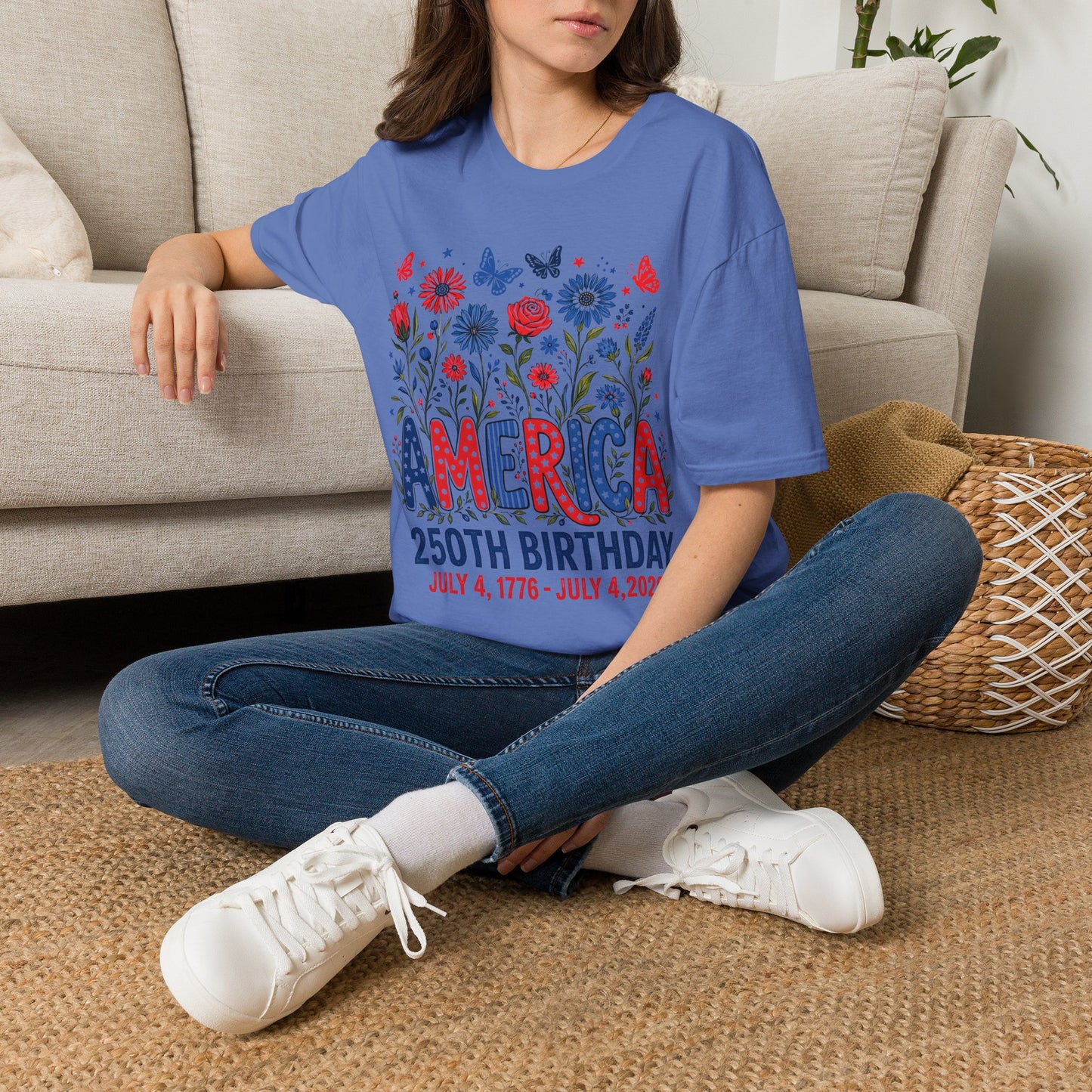 America 250th Birthday T-Shirt — Patriotic Floral Independence Day Tee
