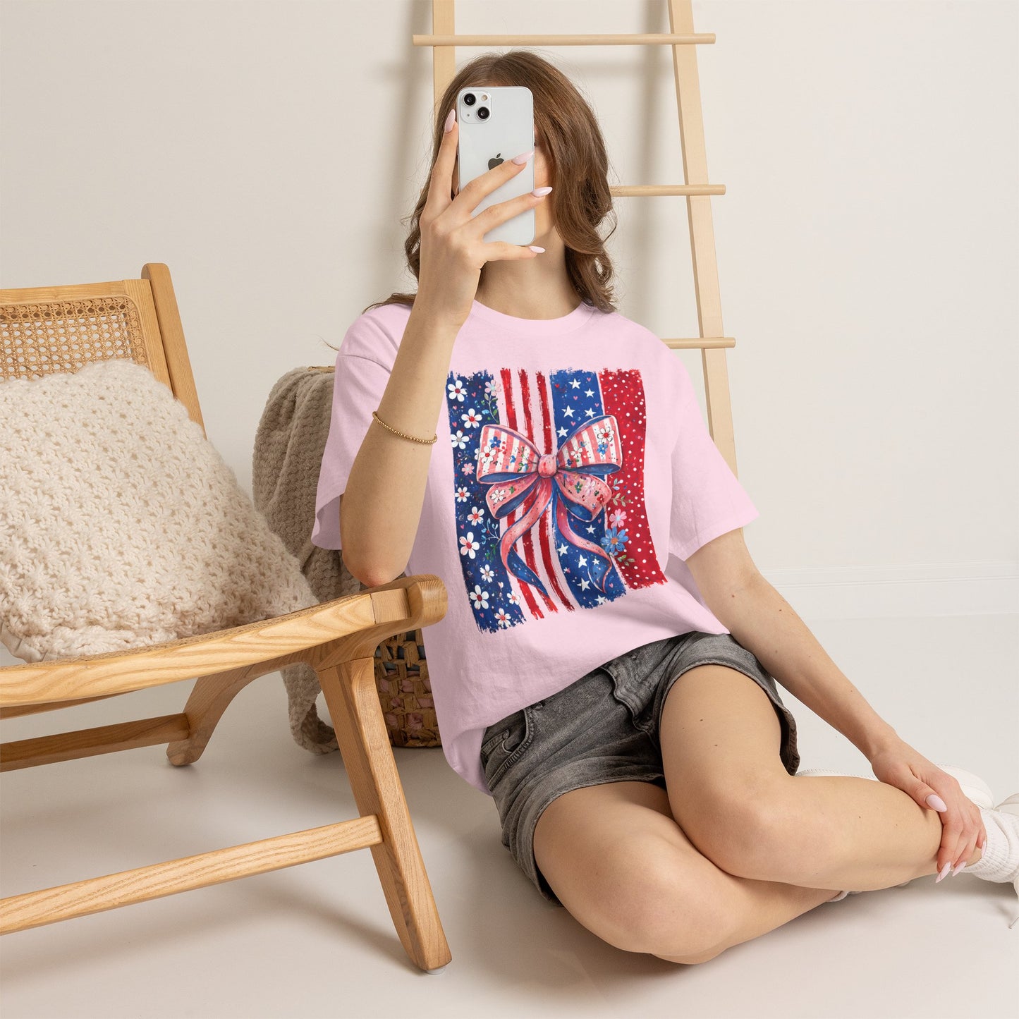 Patriotic Bow T-Shirt — American Flag Ribbon Floral Fourth of July Tee