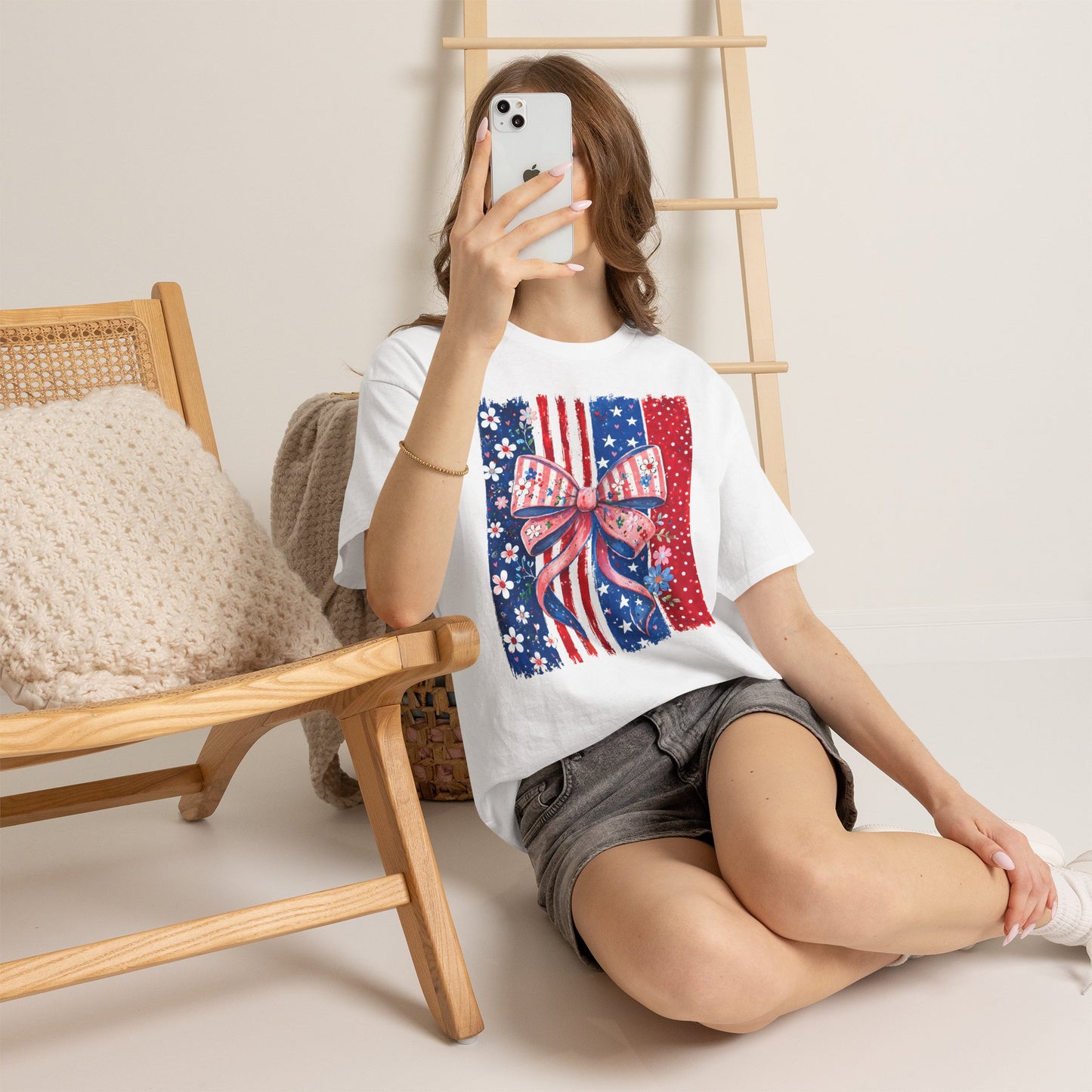 Patriotic Bow T-Shirt — American Flag Ribbon Floral Fourth of July Tee