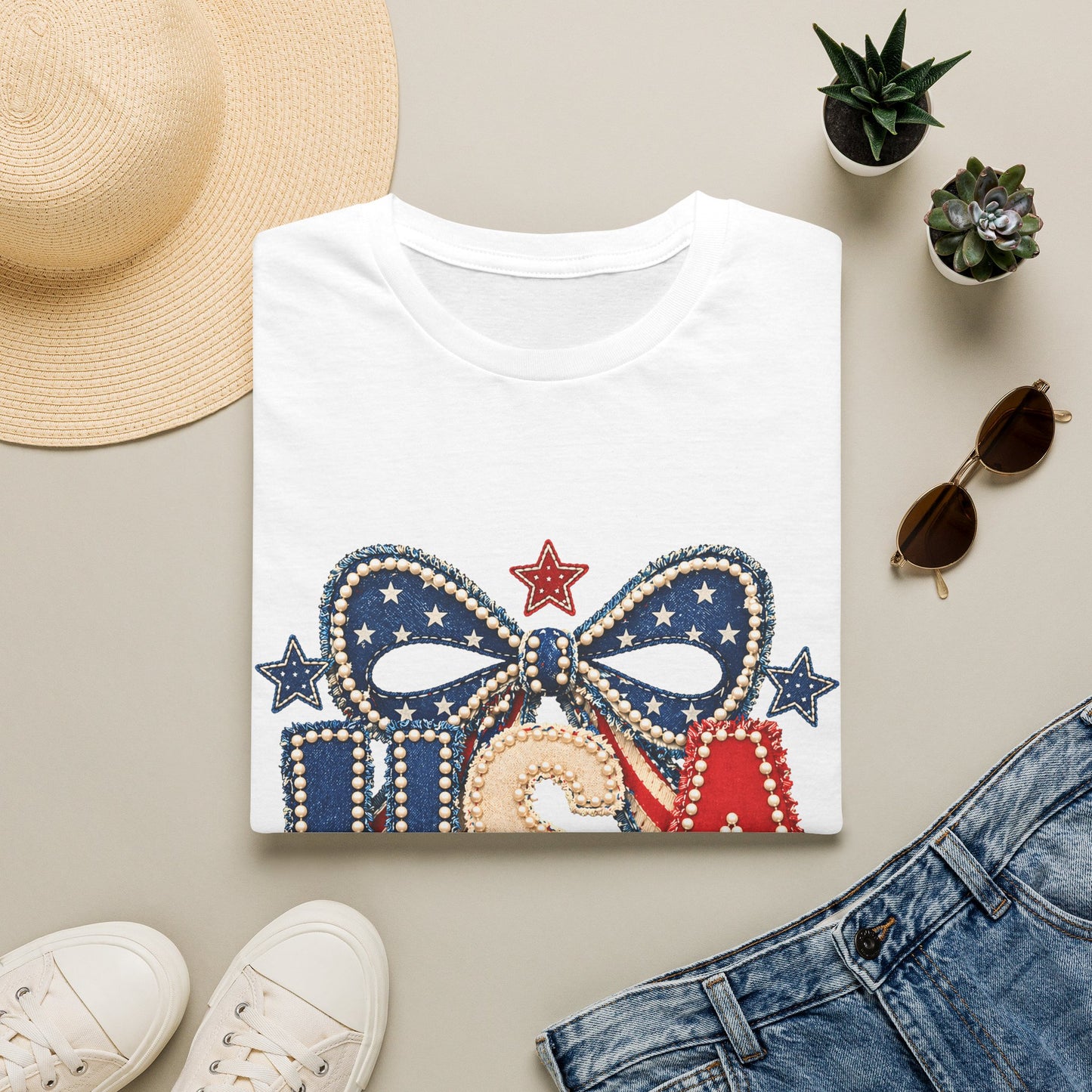 USA Patriotic T-Shirt — Sparkling Stars & Bow Fourth of July Tee