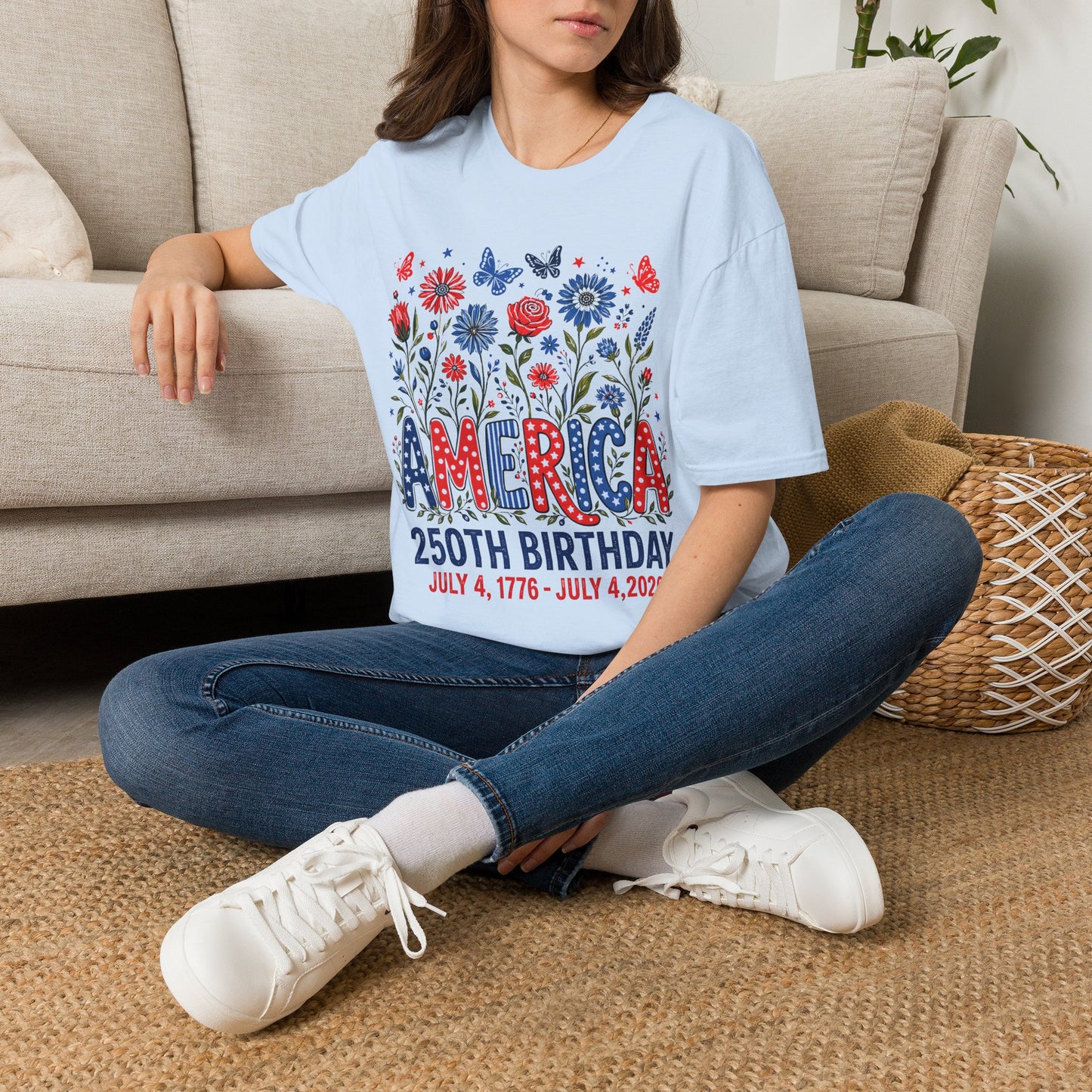America 250th Birthday T-Shirt — Patriotic Floral Independence Day Tee