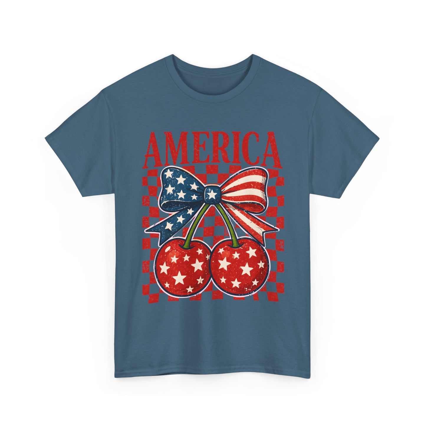 America Cherry T-Shirt — Patriotic USA Flag Bow Graphic Tee for 4th of July