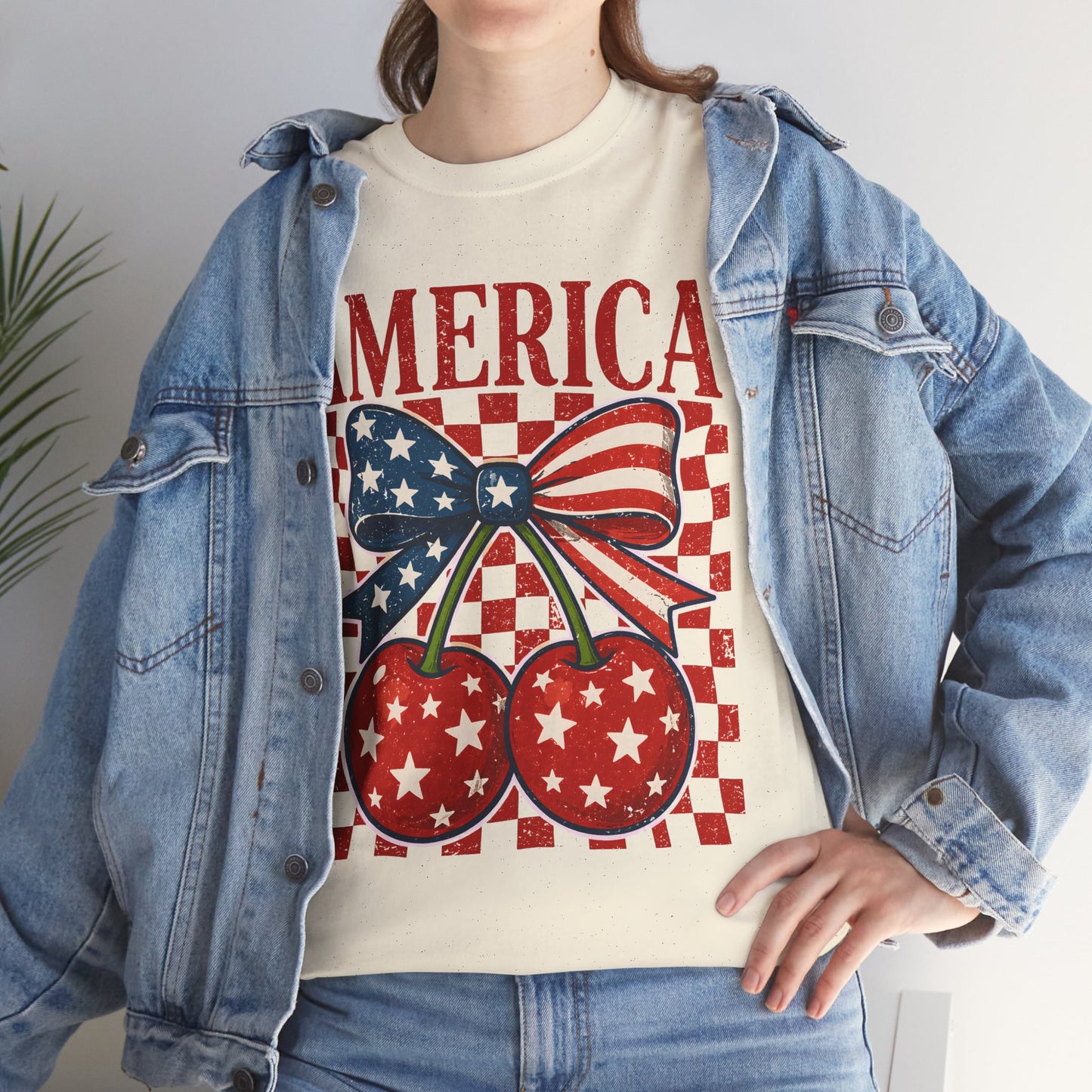 America Cherry T-Shirt — Patriotic USA Flag Bow Graphic Tee for 4th of July