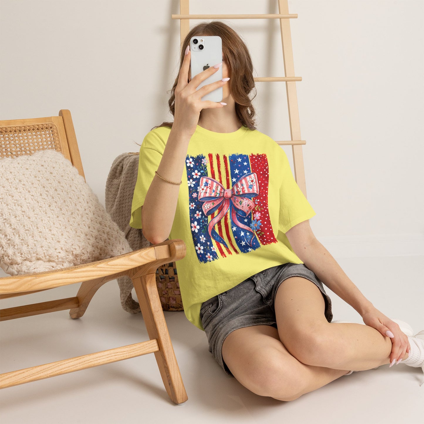 Patriotic Bow T-Shirt — American Flag Ribbon Floral Fourth of July Tee