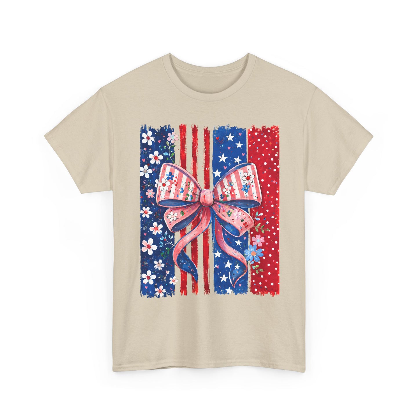 Patriotic Bow T-Shirt — American Flag Ribbon Floral Fourth of July Tee