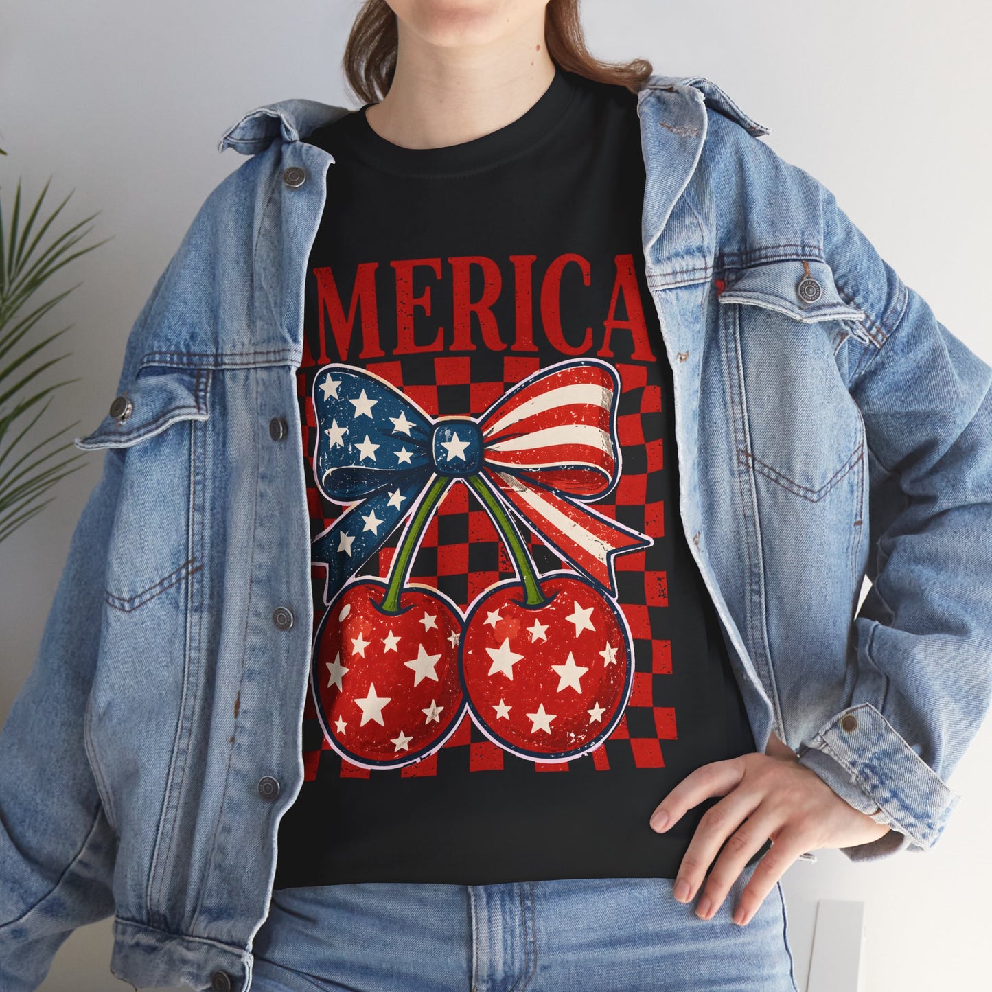 America Cherry T-Shirt — Patriotic USA Flag Bow Graphic Tee for 4th of July